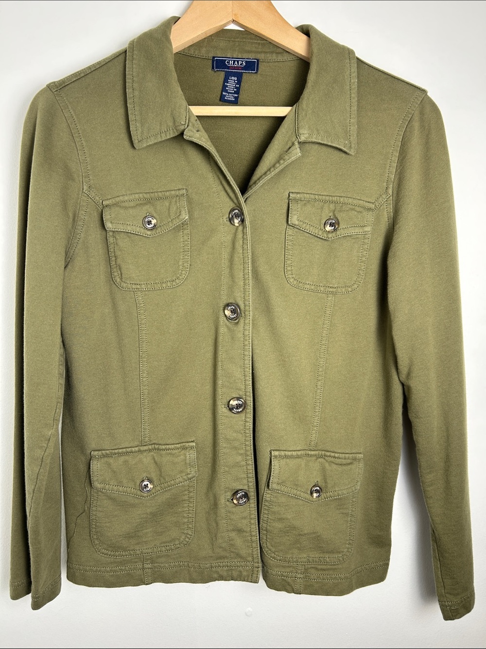 Chaps Denim Olive Green Utility Jacket Large 100% Cotton Military Style